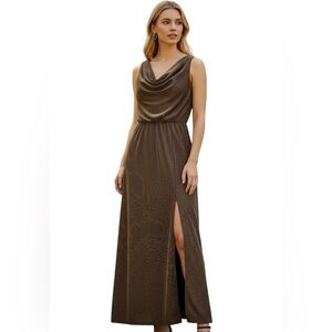 Chenault Women's Cowl Neck Front Drape Slit Metallic Brown Long Dress size M NWT